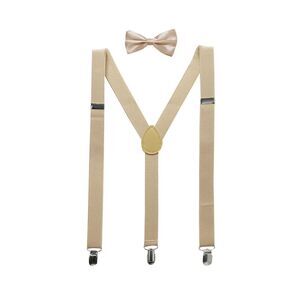 Elastic Adjustable Shoulder Strap Y Shaped Bow Tie and Suspenders Set Beige